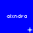 Blue background with repeated white text 'alxndra' and small pixelated star-like symbols in a pattern