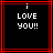 Black background with red lines and white pixelated text reading 'i LOVE YOU!!' in two