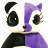 Pixelated cartoon character with split black-and-purple color scheme, large eyes, and a small nose on white background.