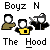 Pixelated icon with four figures, text "Boyzz N" and "The Hood", yellow belt buckle, brown jacket, black outfit, gray cap, red-yellow spark animation.