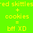 Yellow pixelated text on bright green background reads 'red skittles + cookies = bff XD' with a glowing effect in one frame.