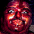 Two side-by-side pixelated faces with exaggerated red skin tones, wide eyes, and open mouths showing teeth, set against a black background.