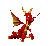 Red and gold dragon with yellow horns, brown wings, and white eyes in nine distinct poses on gray background.