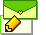 Animated contact sheet showing five sequential frames of a pixel-art email icon with green envelope, yellow heart, and rolling pencil revealing 'Mail' text.