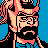 Pixelated 48x48 static buddy icon featuring a stylized character with pinkish-red hair, black beard, and blue background in retro video game art style.