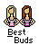 Pixel art buddy icon showing two stylized female figures with crossed arms wearing striped tops, below which is text reading "Best Buds" in blocky font.