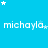 A static image with a bright blue background featuring repeated white text 'michayla.' and scattered star shapes in varying sizes.