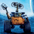 Pixelated image of a robot with an orange torso, dark blue limbs, and two circular antennae against a light blue background.