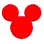 pixelated Mickey Mouse head icons in red, orange, yellow, green, blue, and purple with solid fills or dot patterns on a gray background