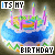 Animated birthday cake icon with blue frosting, green zigzag border, and purple candles, displaying text variations.
