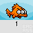 Pixelated orange fish with three eyes, wide mouth, and finned body against light blue background with wave patterns.