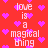 Red background with pink pixelated hearts and repeated white text reading "love is a magical thing" in a pattern