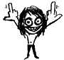 Black-and-white cartoon character with wide eyes and a grinning mouth, making a middle-finger gesture with both hands in multiple poses against a gray background.