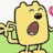 Pixelated yellow cartoon character with wide open mouth and outstretched arm on green background, static single-frame icon.
