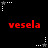 Red text 'vesela' appears in two on a black background with white and gray star-shaped pixel clusters scattered around