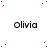 four and four displays the name "Olivia" in black text on a white background with scattered pink dots, where some instances show pixelated or blurred lettering