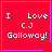 Red square with white pixelated text "I Love C.J Galloway!" and a pink border; one version includes a small purple heart in the bottom-right corner.