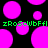 Static image with black background, multiple pink circles of varying sizes scattered across the frame, and green pixelated text repeating 'zRoScWbFfl' horizontally.