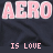 Animated graphic with repeated pink text 'AERO' and 'IS LOVE' over dark fabric background, showing vertical pixel shifts.