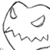 Pixelated grayscale line drawing of a stylized character face with closed eyes, curved mouth, and flowing hair or head shape on white background.