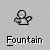 Pixelated figure with light gray body and dark outline holding a small object, blue dotted trail animating from right hand, text "Fountain" below.