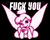 Pixelated pink cartoon character with large wings and a heart-shaped body holding up text that reads "AUGG YON" against black background.