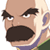 Pixelated cartoon-style icon of a bald character with thick black eyebrows, large nose, and purple shirt against white background.