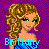 Pixelated cartoon-style icon of a woman with curly blonde hair wearing a blue strapless dress against a purple checkered background, with the name "Brittany" in cyan text at the bottom.