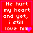 Red background with white pixelated text reading "He hurt my heart and yet, i still love him" in four , each containing a small pink heart symbol