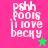 Pixelated text 'pskh pools i love becky' on four colored backgrounds with a star symbol in two corners.
