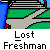 A 5x5 contact sheet of pixelated animated frames showing a 'Lost Freshman' character in various campus scenes with text bubbles and changing expressions.