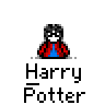 A 3x3 grid of pixel art Harry Potter buddy icons with varying poses and effects, each labeled "Harry Potter" below the character image on a gray background.