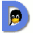Pixelated penguin with black head, white face, and yellow beak peeking from a gray frame against a blue background.
