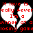 Pixelated red text on black background with two white speech bubbles containing broken phrases about love and winning/losing games.