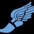 Pixelated blue wing shape on black background with gradient shading and visible dithering patterns.