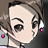 Pixelated close-up of a character with short dark hair, large dark eyes, and pink earrings against a dark background.