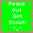 Green background with pink and brown border, white text reading "Peace Out Girl Scout!" and a smiley face, repeated in a pattern with visible pixelation