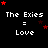 The Exies = Love text repeated in white pixelated font on black background with red and dark red stars scattered around.