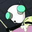 Animated sequence of a cartoon character with white face, green eyes, and black mouth opening/closing while holding drumsticks near a purple surface.