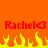 Red text 'Rachel' with a heart symbol appears twice on an orange background above yellow and orange flames.