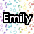 A four- displays text fragments over distinct backgrounds: Emily on floral, is a on chocolate, great on fireworks, friend! on a duck