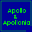 Four blue square with green borders display "Apollo & Apollonia" text; two show a heart symbol, two show a star symbol