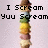 A vertical stack of ice cream scoops with text overlays reading "I Scream Yuu Scream Scream 4 ICE CREAM!! x37 yumm" on a light purple background.
