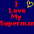 Blue background with red pixelated text reading "I Love My Superman" and a yellow heart symbol replacing the word "Love" in the top-left section.