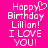 Pixelated birthday message with heart symbol on bright pink background, text reads 'Happy Birthday Lillian! I LOVE YOU!' in white block letters.
