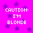 Bright pink background with purple stars and repeated white pixelated text reading "CAUTION: I'M BLONDE" in four quadrants.