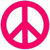 A bright pink peace symbol with white negative space on a plain background, rendered in pixelated style.