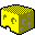 Animated sequence of a yellow cheese block with gray holes and red-orange checkered top, showing progressive structural collapse into scattered fragments.