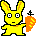 Yellow pixelated rabbit with orange carrot props in various poses and expressions on gray background.