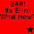 Red and black pixelated image with text "BAM! Its Erin! What now?" repeated, featuring a black star on red background and red star on black background.